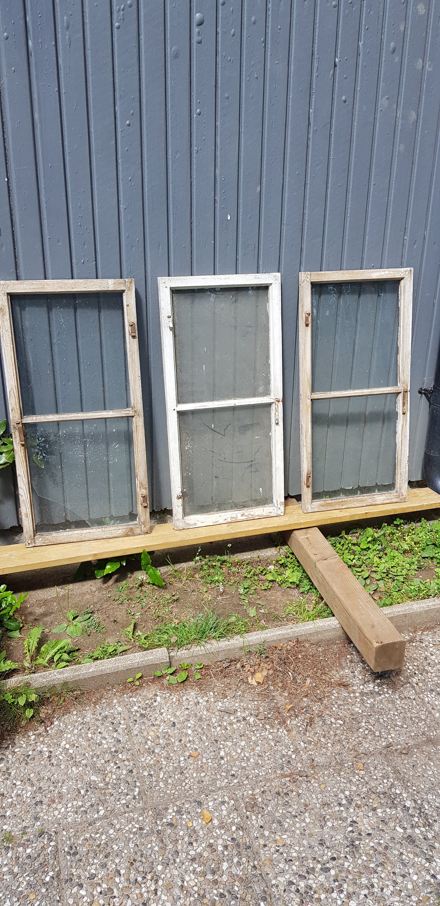 ARTIKELNUMMER 94 3st Äldre spröjsade fönster med äkta spröjs utan karm med munblåsta glas. Perfekt till växthus eller uterum.