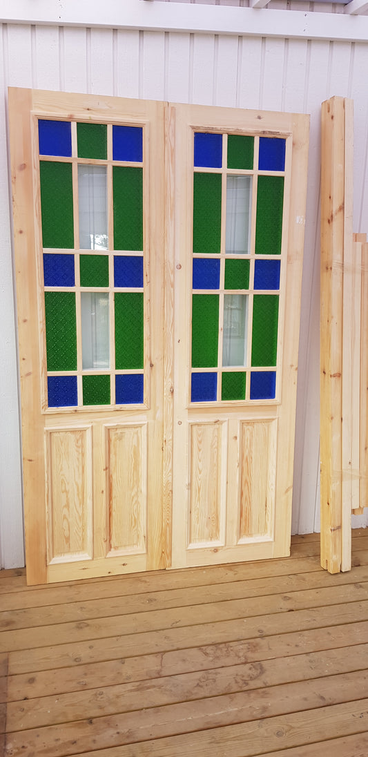 Art 33U Ny pardörr i gammal stil med dubbelt glas inklusive karm B140 cm H210 cm BR 80 cm pris: 17000 kr